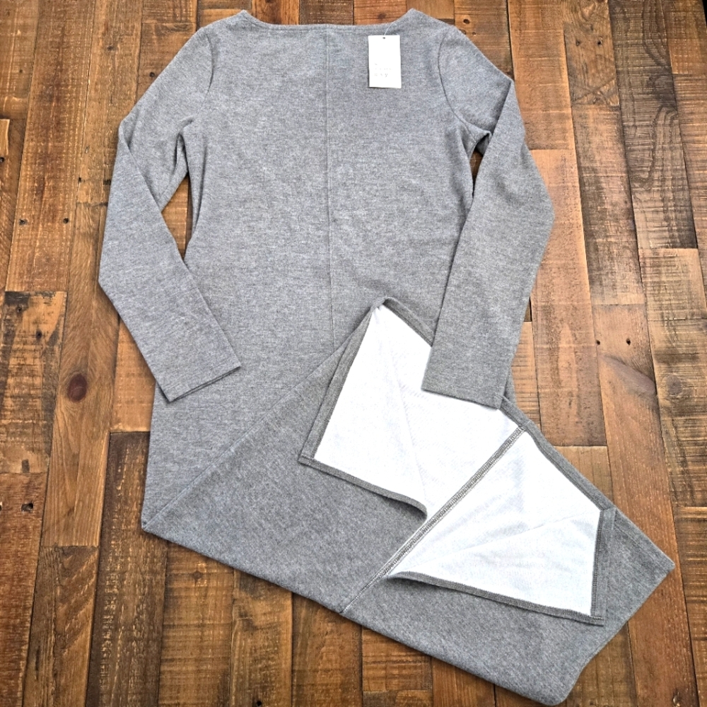 NWT A New Day Women's Small Gray Long Sleeve Knit Midi Shift Dress Slit Back